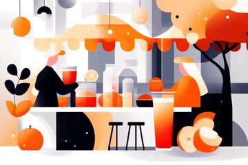 A simple flat illustration of Dolac Market stalls, with bright tones and clean shapes on a blank canvas