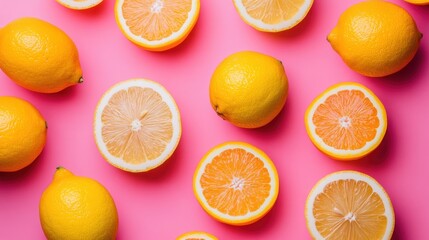 Fototapeta premium Pink background lemon halves and whole fruit flatlay food photography