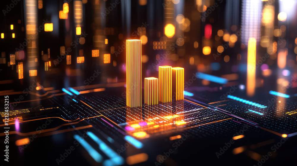 Leinwandbilder Digital visualization of data analysis with glowing bar graphs and circuit patterns, representing technology and innovation in competitive strategy