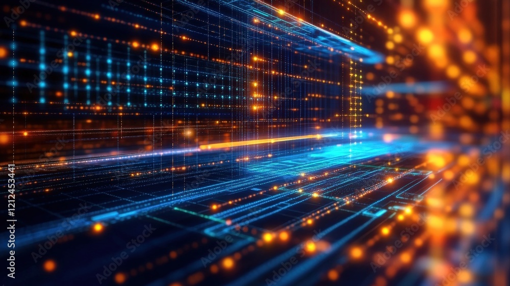 Poster abstract futuristic network grid background with bright orange lights and blue lines representing da
