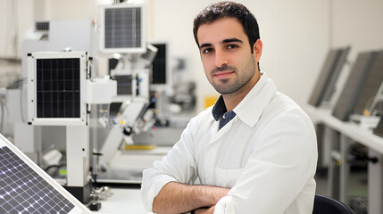 technician in lab wearing white coat, smiling confidently with arms crossed, surrounded by equipment and solar panels