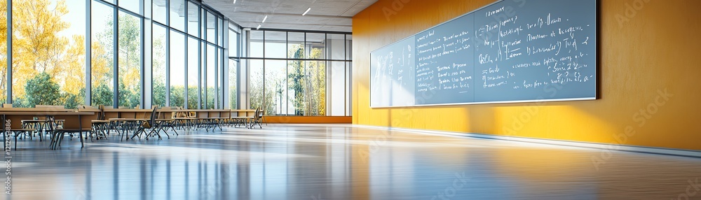 Poster math formulas on the whiteboard in modern classroom, hightech learning environment, 3d rendering of 