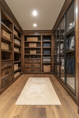 Obraz premium Luxury closet with vertical open shelving and glass cabinets home interior high-fidelity design contemporary environment stylish viewpoint