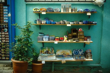 Balat, Istanbul, Turkey - December 1, 2024: Ethnic and traditional souvenirs and gifts such as trays, bowls, plates, and fridge magnets are displayed in the front  of the store