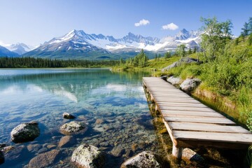 Fototapeta premium A small wooden dock extending into a pristine Yukon lake, surrounded by towering mountains and forests