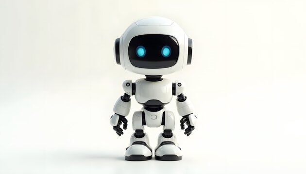 Cute white robot with glowing blue eyes standing against a plain background