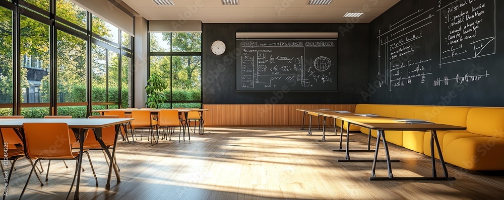 Poster modern classroom with math formulas on walls, interactive learning environment, 3d render of educati