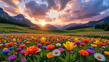 Fototapeta premium Flourishing field of magical flowers at sunrise, natural beauty