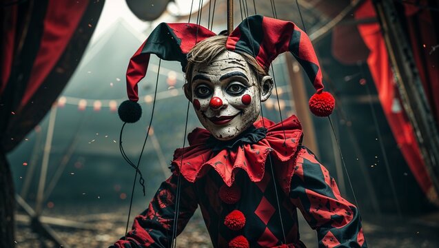 Creepy marionnette jester in an eerie circus setting