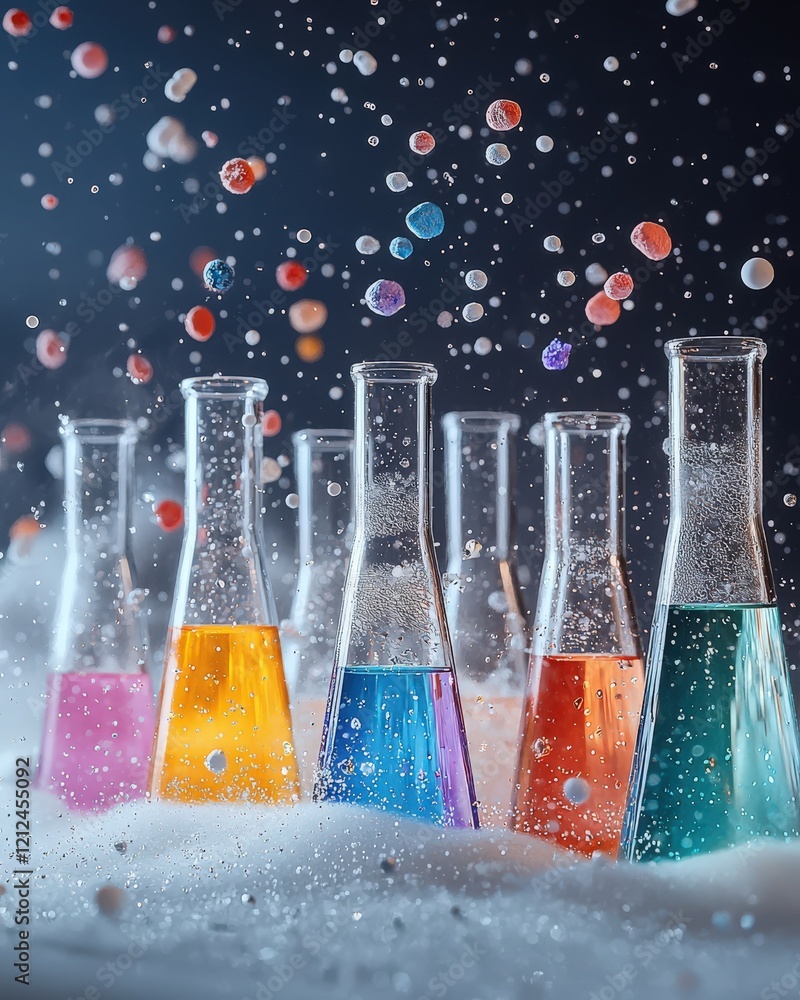 Poster vibrant colored liquids in erlenmeyer flasks erupt with colorful particles, creating a dynamic scien