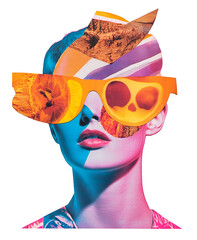 A stylized portrait of a person wearing large, bold sunglasses with abstract shapes and vivid...