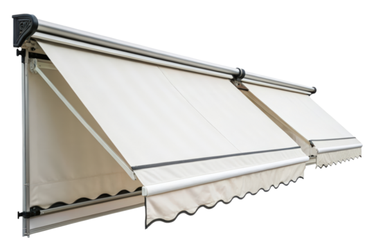 Pair of beige outdoor awnings isolated with transparent background