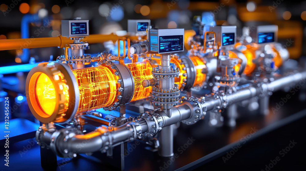 Poster digital model of liquid flow dynamics showcasing advanced piping systems with glowing elements and integrated monitoring displays, illustrating modern engineering concepts