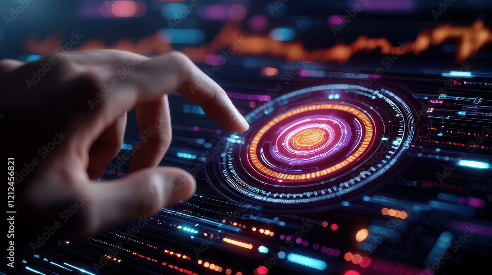 Poster hand interacting with digital interface featuring vibrant data visualizations and circular graphics, symbolizing advanced technology and decision making processes