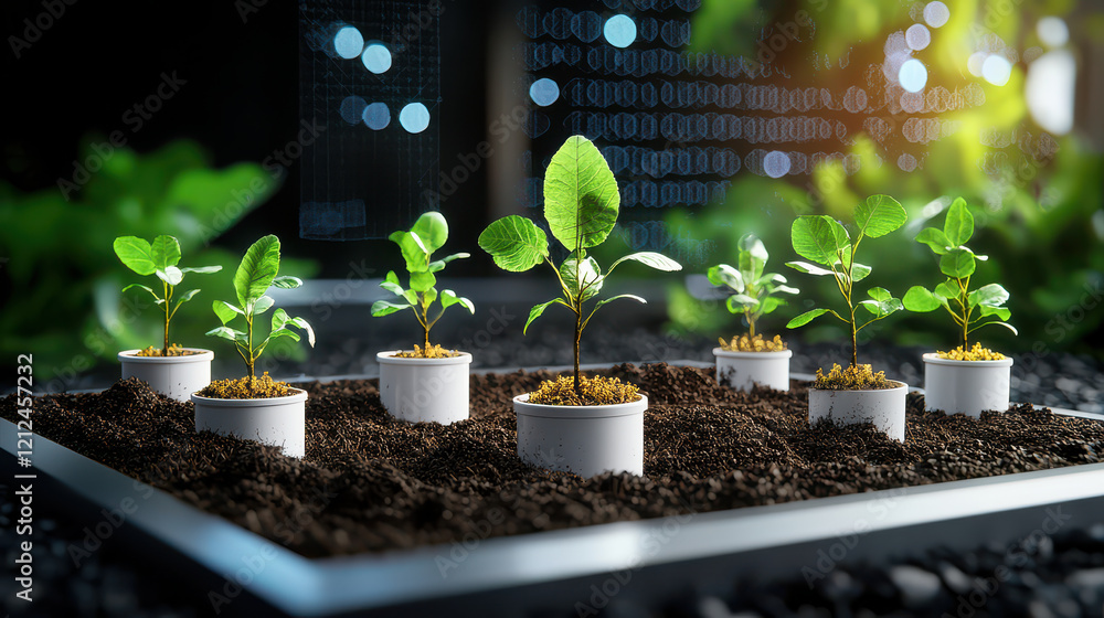 Poster digital model of tree planting enhanced with technology, showcasing small plants in pots on soil. sc