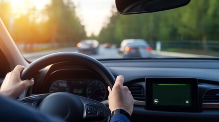 A person driving a car on a sunny day, showcasing modern dashboard and serene road lined with trees in the background.