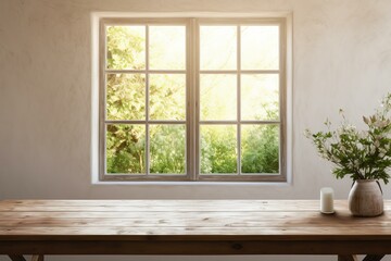 Fototapeta premium Empty wooden table with flowers and candle illuminated by sunlight from a bright window overlooking a green garden
