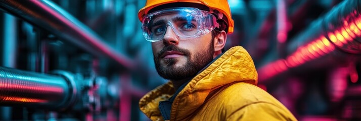 Obraz premium Construction worker in safety gear among industrial pipes during nighttime operation