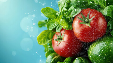 Fresh tomatoes and cucumbers surrounded by leafy greens, showcasing vibrant colors and digital overlay representing nutrition analysis