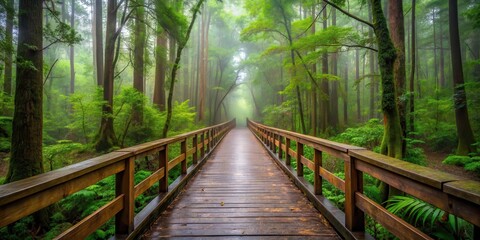 Fototapeta premium Overcast forest landscape with a leafy canopy covering a wooden bridge, surrounded by tall trees and serene surroundings