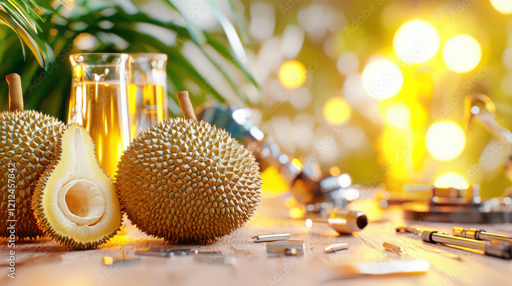 Aufkleber digital rendering of durians next to glass of oil, showcasing blend of nature and technology. vibran