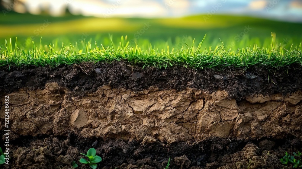 Poster artistic representation of a cross section view of soil layers and grass with sunlit landscape backg
