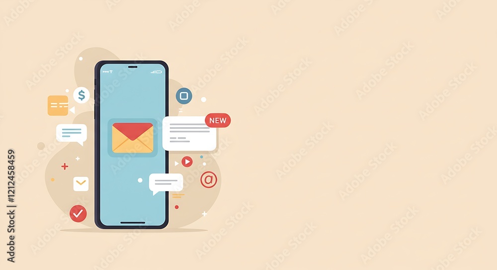 Poster new message notification concept on smartphone. new email pop up. incoming, open messaging. chatting