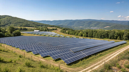 A field of solar panels gleams in the sunlight, symbolizing sustainable energy production. Expansive solar farm captures the sun's energy, surrounded by a serene natural environment,solar farm, solar 