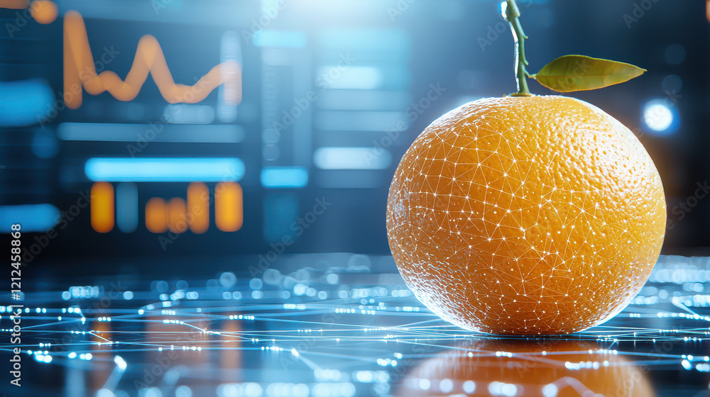 Poster digital rendering of orange with technology analysis, showcasing data visualization and geometric patterns. image conveys blend of nature and technology