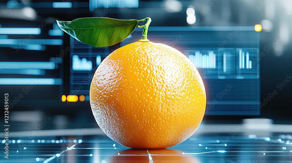 Poster digital rendering of orange with green leaf, set against futuristic technology background. image con