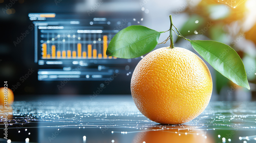 Poster digital rendering of orange with technology analysis, showcasing data visualization and vibrant colors. orange is prominently displayed with leaves, symbolizing freshness and innovation