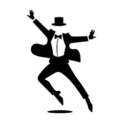 楽しいダンスを踊っているタキシードスーツとシルクハットを身につけた男性の黒いシルエットイラスト　透過背景の切り抜き