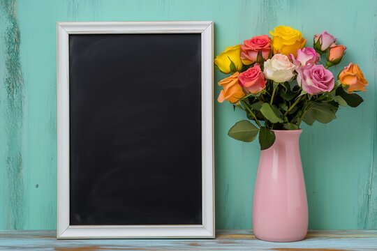 Teacher's day background.Black chalk board frame empty copy space and fresh flowers in vase.Holiday feminine poster.Spring greeting 8 march icon.