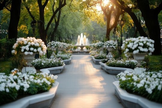 A wide-angle shot of Zrinjevac Park, with its fountains, pathways, and blooming flowers in the springtime