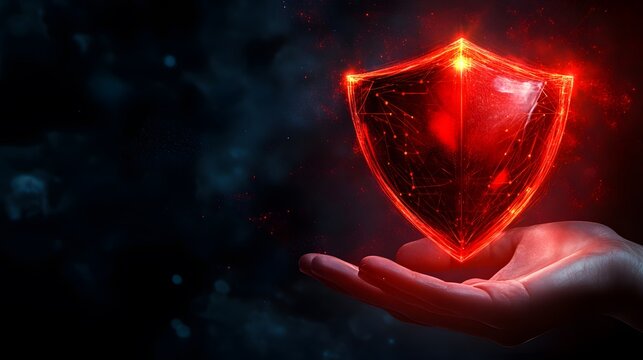 Hand holding glowing red shield symbol for enhanced cybersecurity defense and modern digital security technology against cyber threats in abstract futuristic style  - Powered by Adobe
