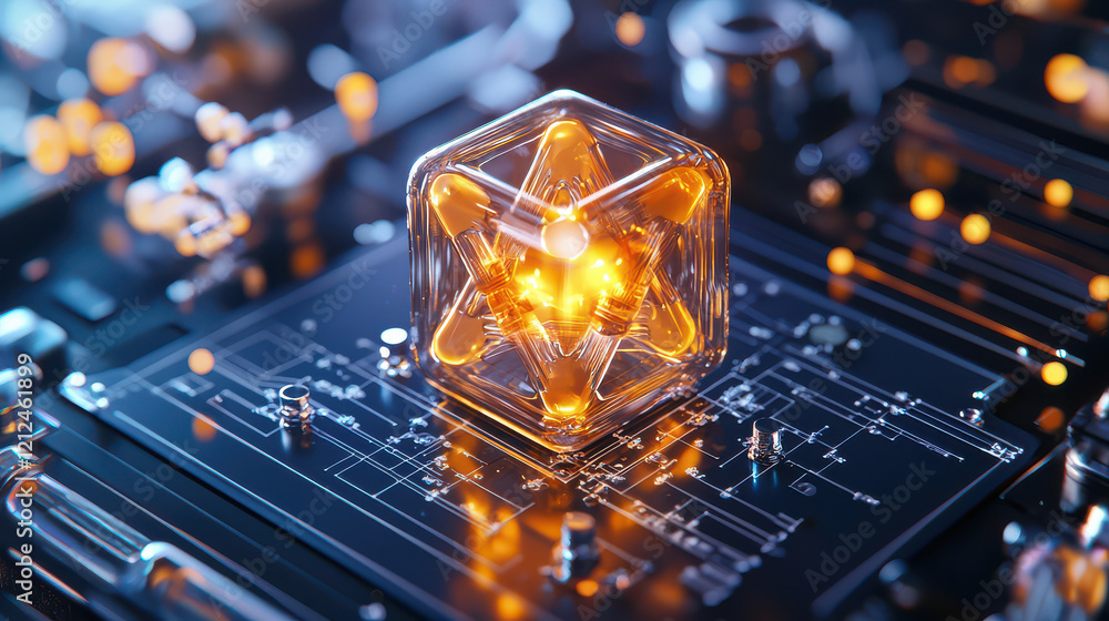 Poster digital representation of glowing geometric shape on circuit board, showcasing advanced technology a
