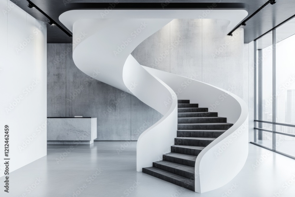 Poster a zigzagging staircase inside a modern art gallery, with sleek minimalist design and visitors explor