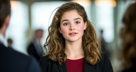 Obraz premium Extrovert Social Networking Concept, A confident young woman leading a networking group discussion at a conference, representing extroversion, Selective Focus on foreground, copy space for text, ultra