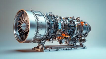 Detailed cutaway of a turbofan jet engine, showcasing internal components and mechanics.