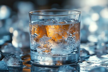 Melting ice surrounds a glass filled with refreshing water on a warm day