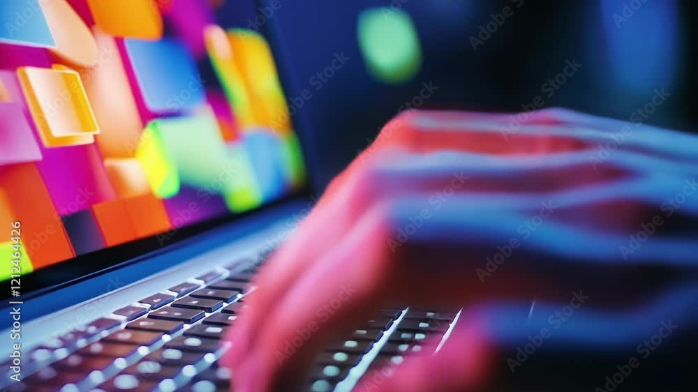 Poster closeup of hands typing on a shared laptop keyboard with a digital whiteboard in the background show