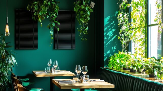 A vibrant restaurant interior featuring green plants, wooden tables, and sunlight streaming through large windows.