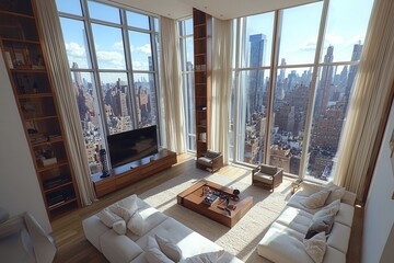 Fototapeta premium Modern living room with panoramic city view and high ceilings