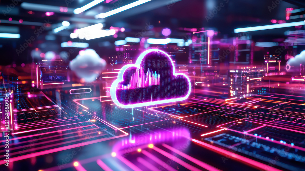 Poster vibrant digital rendering of cloud symbol surrounded by neon lights and data streams, representing modern technology and cloud computing