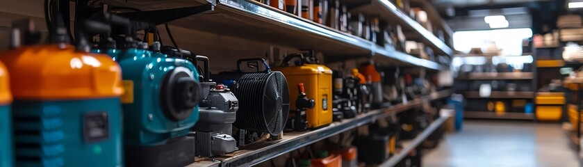 A well-organized shelf showcasing various types of industrial motors and equipment in a modern workshop setting.