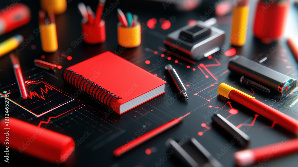 Poster sharp high resolution digital rendering of stationery items on desk, featuring red notebook, pens, a