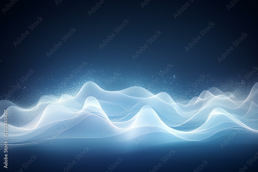 Poster futuristic abstract background showing glowing white waves and particles over a dark blue backdrop, 