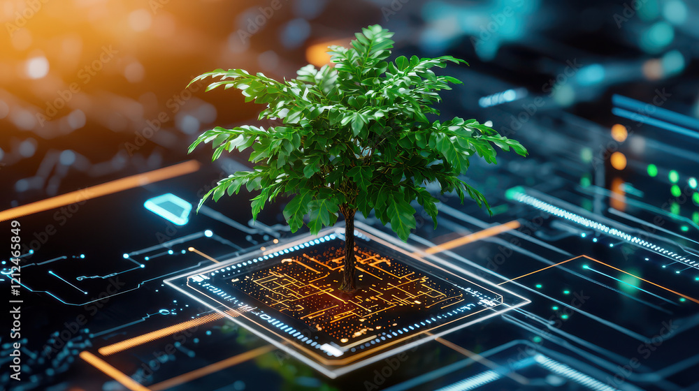 Aufkleber small tree thriving on sleek tech infused platform, symbolizing harmony between nature and technolog
