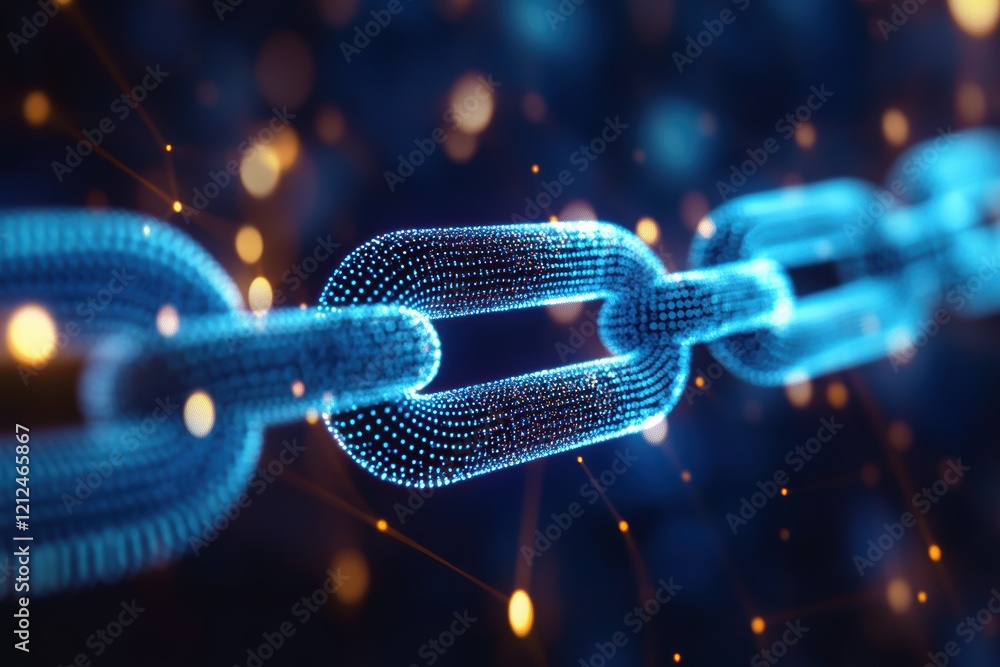Poster pulsating dots representing blockchain technology with interconnected links