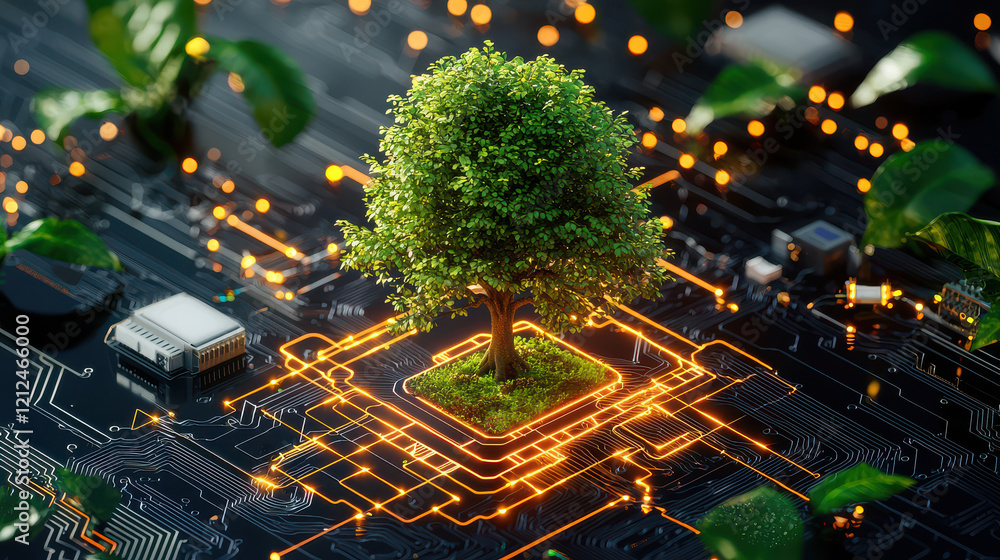 Poster small vibrant tree surrounded by technological elements, symbolizing harmony between nature and tech